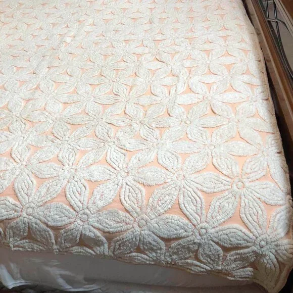 Vintage peach floral chenille bedspread